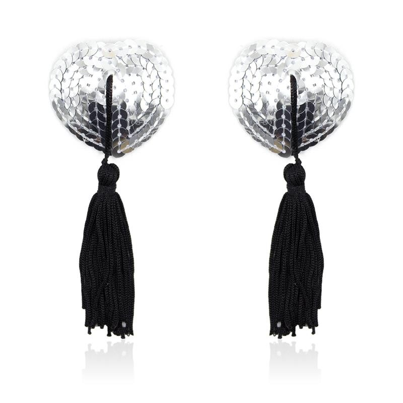 Self Adhesive Heart Sequin Nipple Cover with Tassel Silver Black